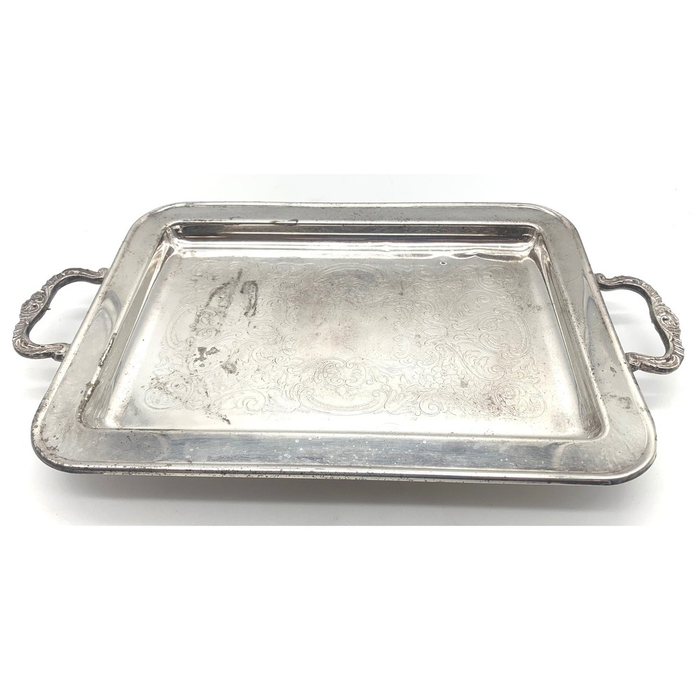 Vintage Silver Plated Serving Tray 16.5x9.5 Etched Floral Rectangular Platter